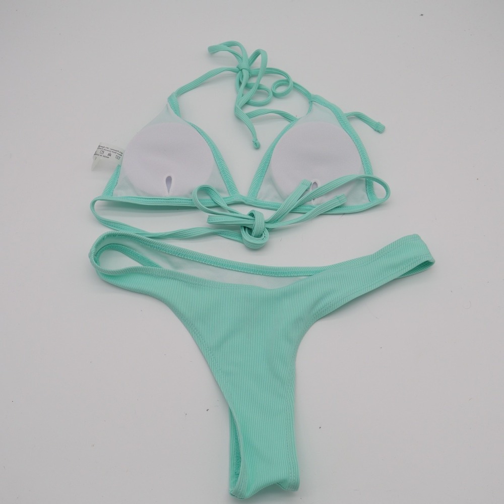 2 Piece Triangle Bikini Set Women S Aqua Ribbed Stretch Spaghetti Strap Swimwear - Picture 4 of 5